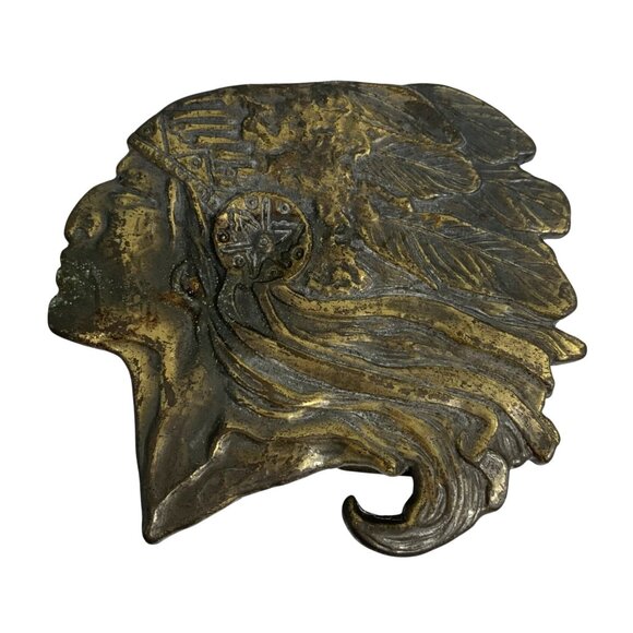 VTG Native American Headdress Design Antiqued Brass Finish Belt Buckle Western - Picture 1 of 6